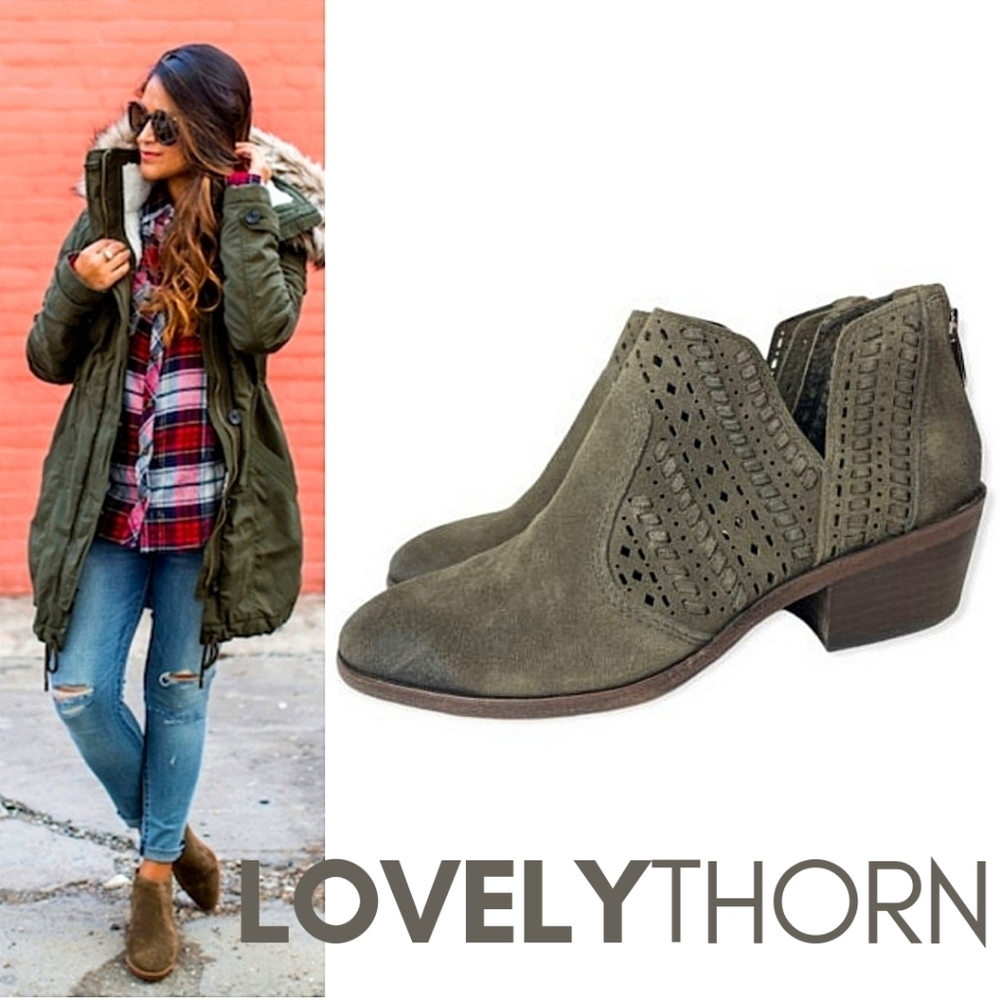 Vince Camuto Olive Green Suede Perforated Ankle Booties